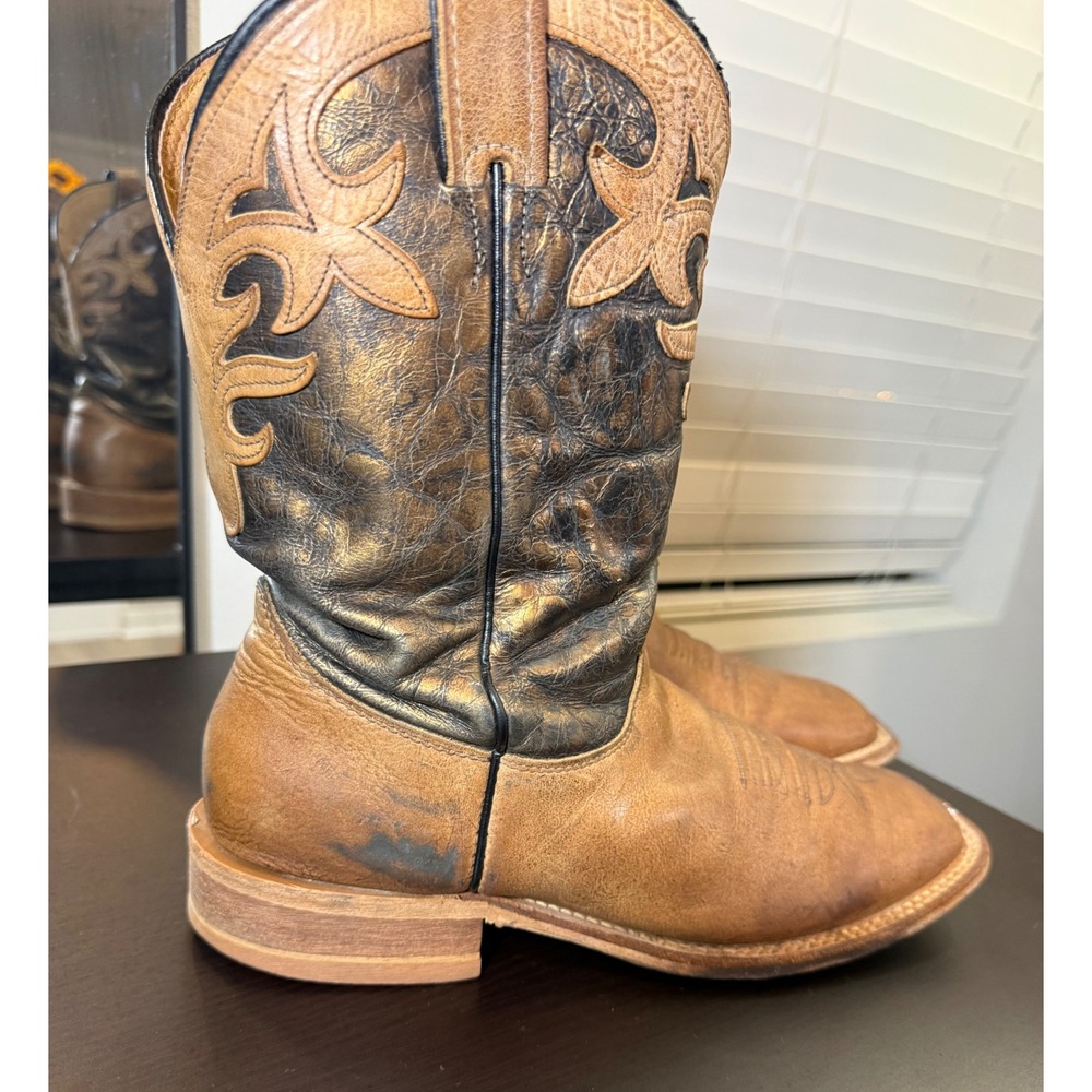 Justin Mens BRL318 Handcrafted USA Leather Cowboy Boots Tan Bronze Square Toe 11 - Picture 3 of 6